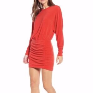 Something Navy Red Ruched Long Sleeve Mini Dress